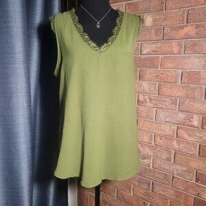 Women's Green Loose Neck Lace Trim Sleeveless Blouse - Size M/L